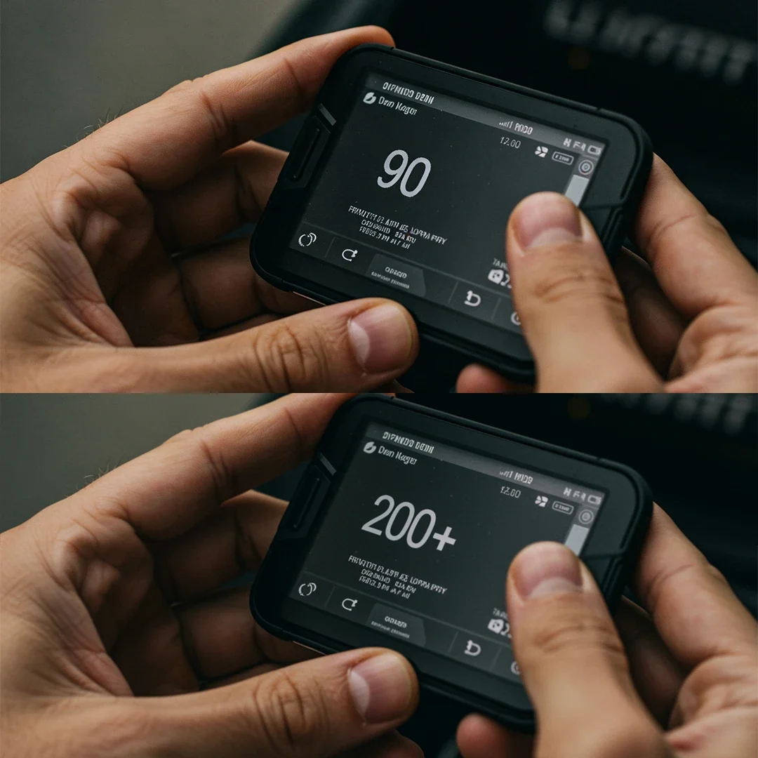 Illustration of a handheld glucose meter showing two different readings on a phone-sized screen