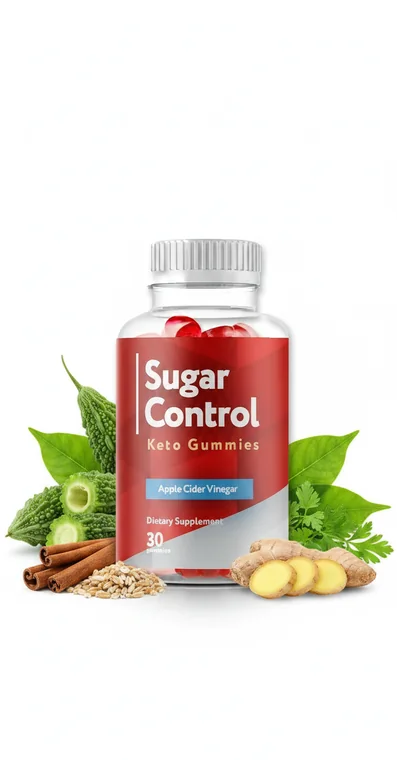 SugarControl Keto Gummies bottle beside cinnamon sticks, ginger, bitter melon and fresh herbs