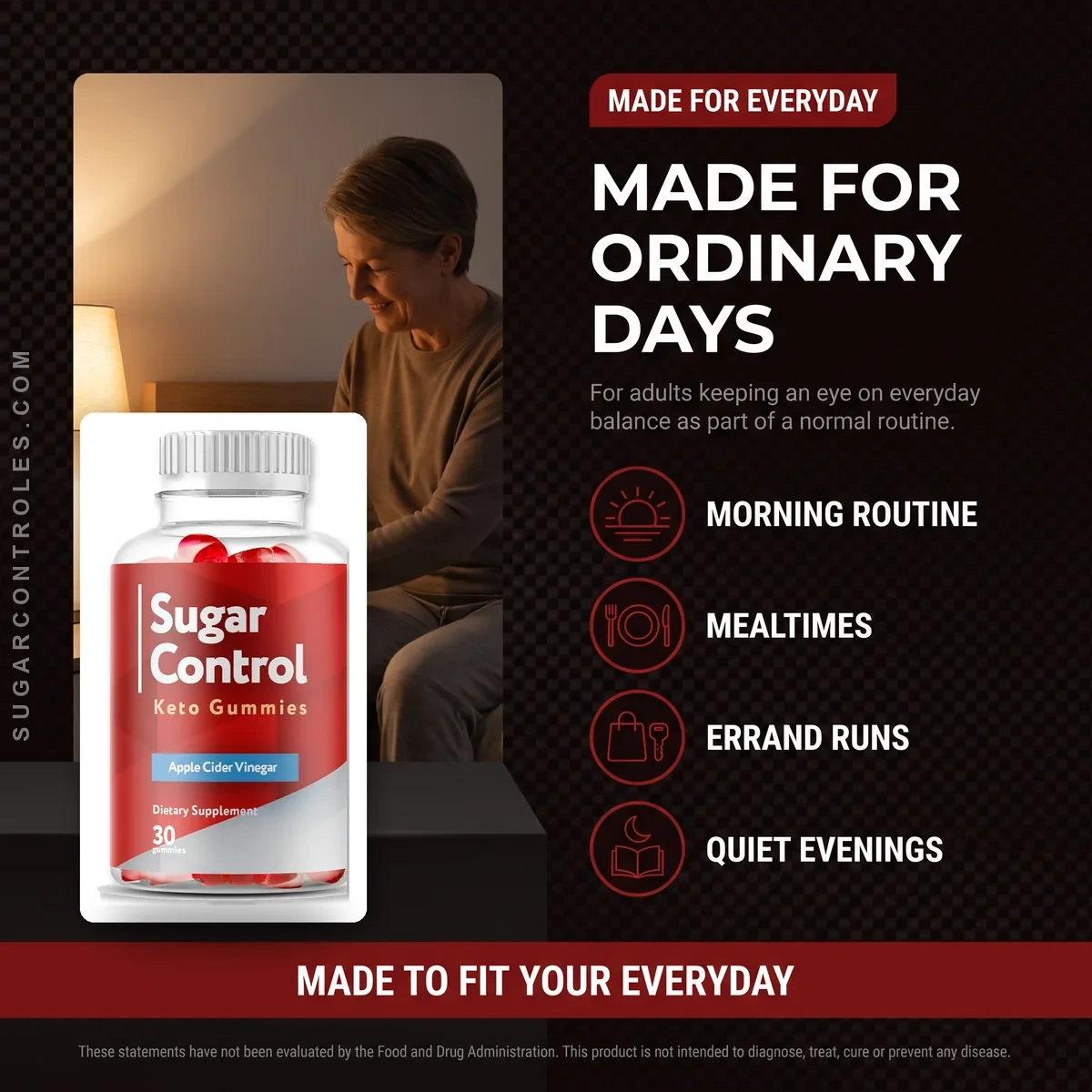 Who SugarControl is for: adults fitting an apple cider vinegar gummy into mornings, mealtimes, errands and quiet evenings